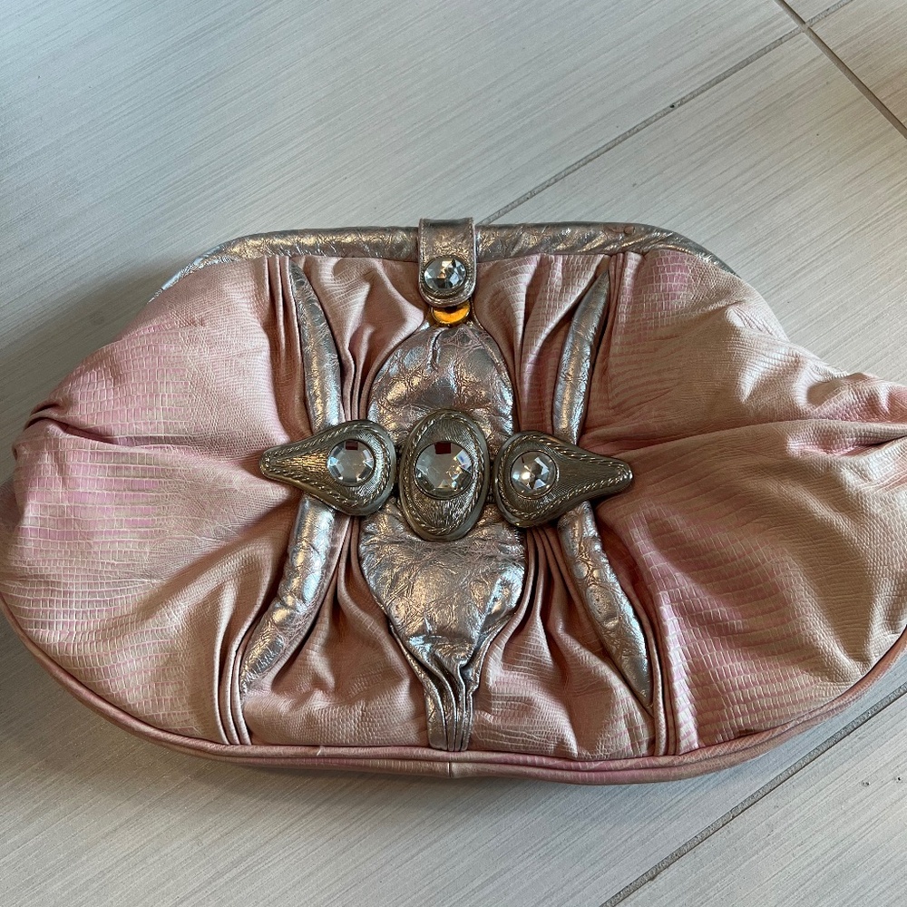 Vintage large pink and silver clutch bag!